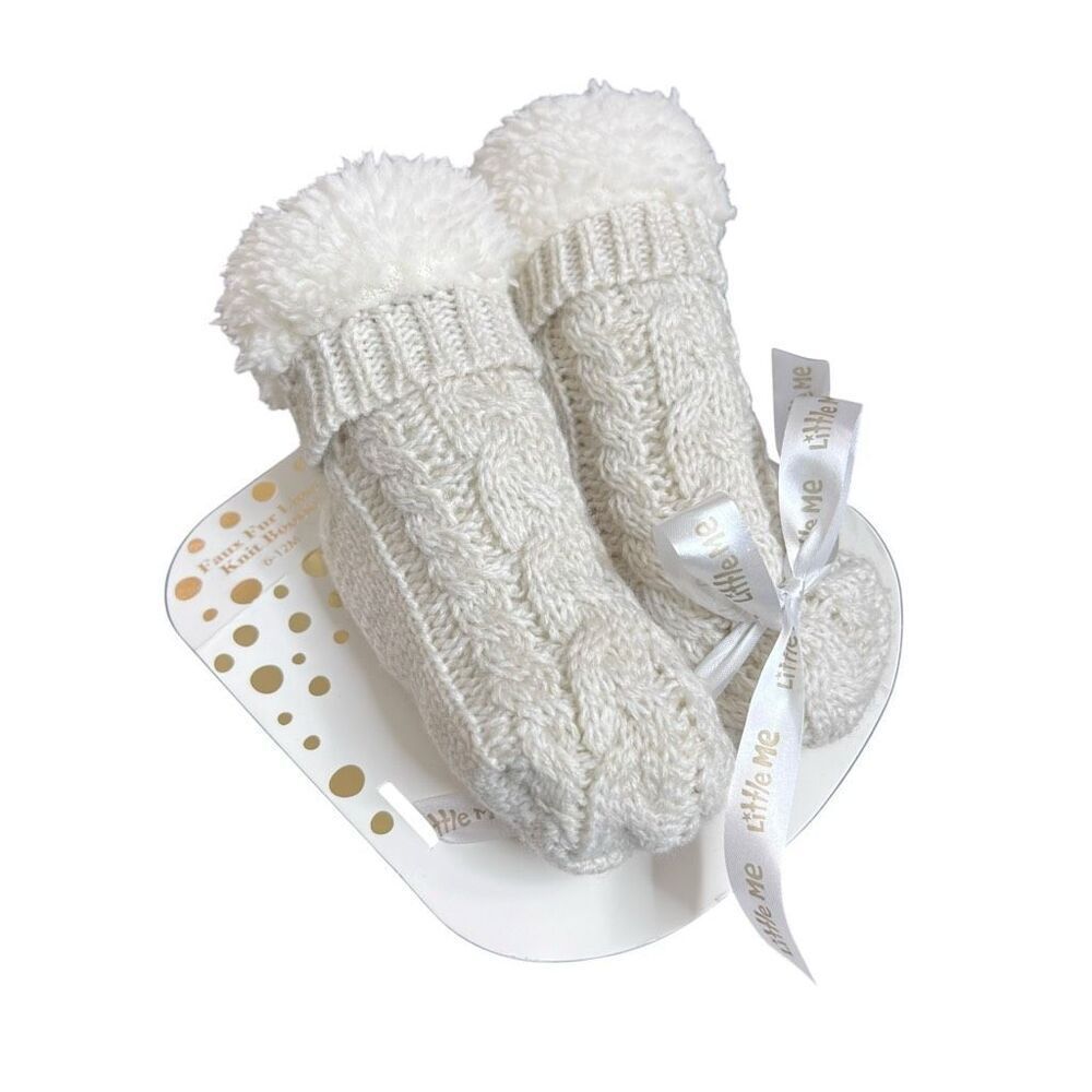 NEW Little Me Faux Fur Lined Knit Booties 6–12 Months Ivory/Cream Baby Shoes